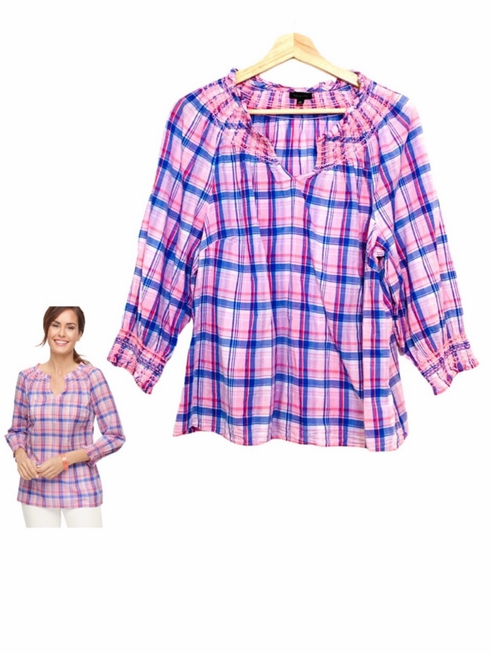 Talbots Smocked Pink Plaid Blouse Top Size XL 3/4 Sleeves